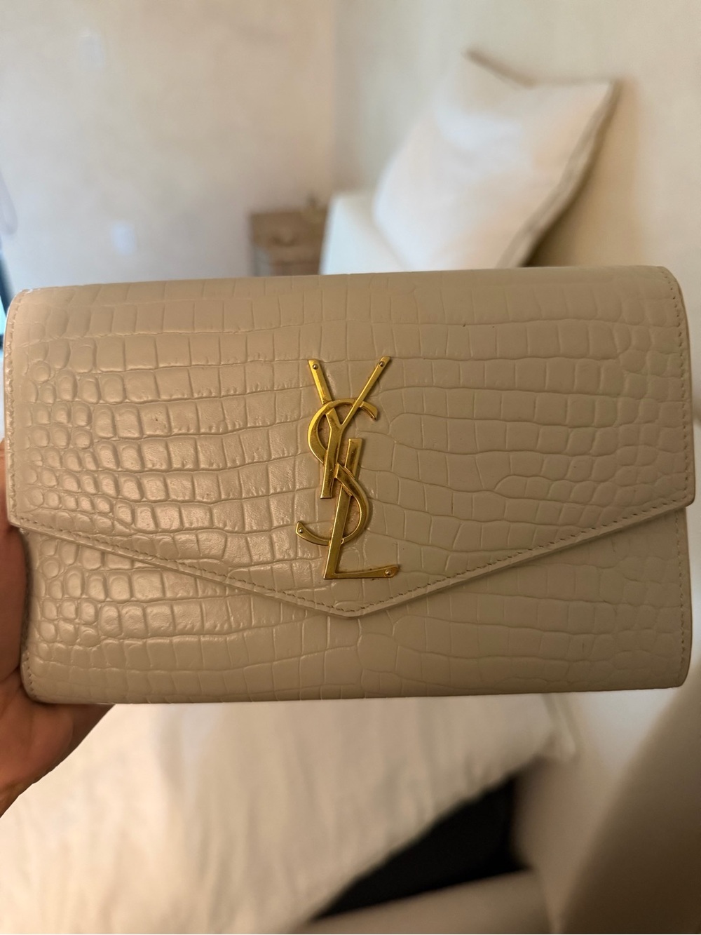 Saint Laurent Beige Croc-Embossed Leather bag with Gold Logo